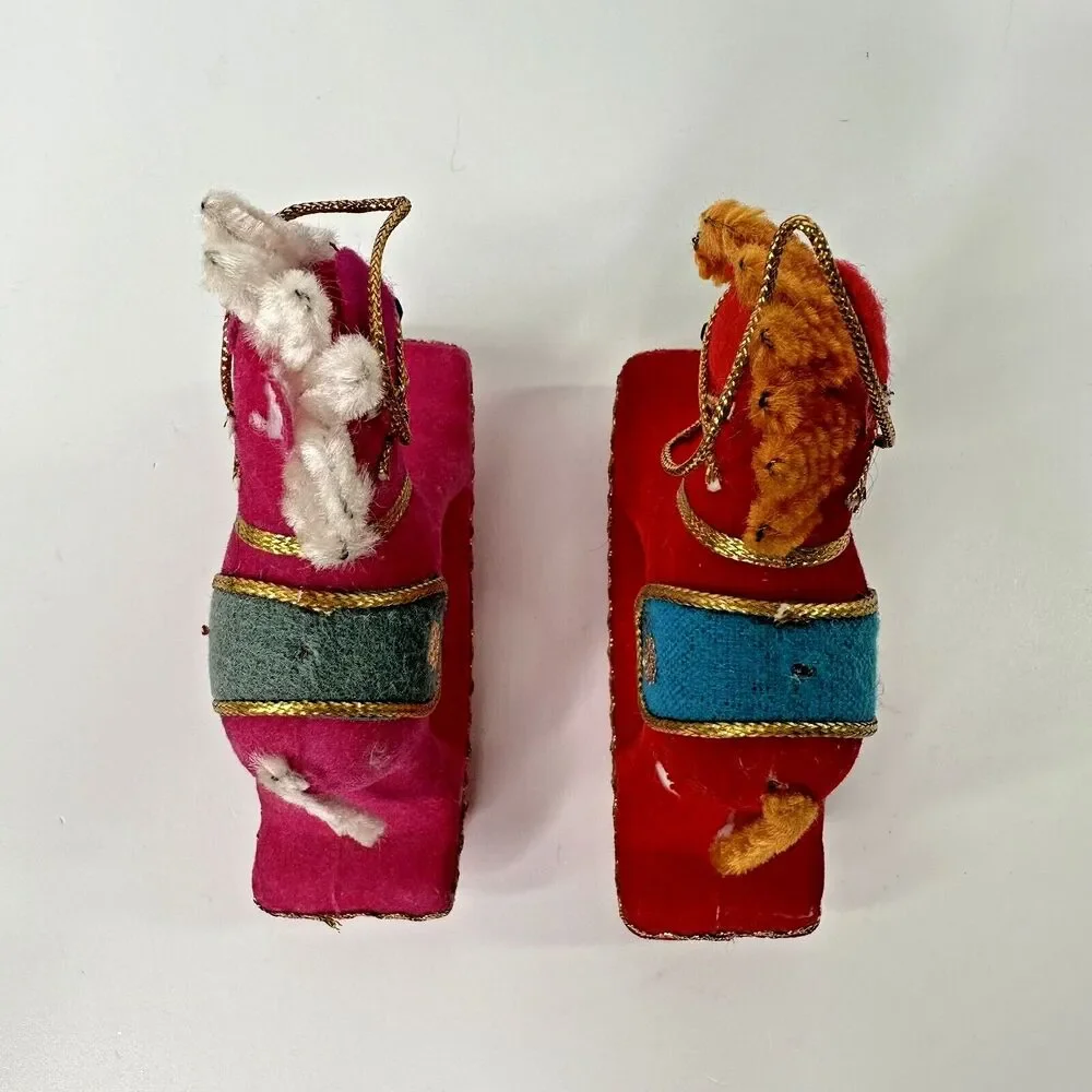 2 Vtg Rocking Horse Flocked Christmas Ornaments Kitschy Red Pink Pipe Cleaner 4